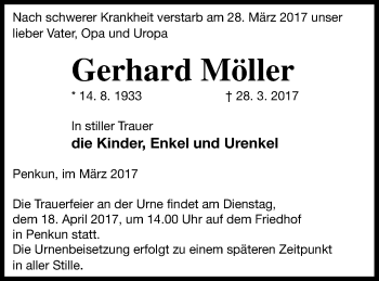 Traueranzeige von Gerhard Möller von Pasewalker Zeitung