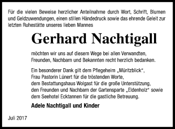Traueranzeige von Gerhard Nachtigall von Müritz-Zeitung