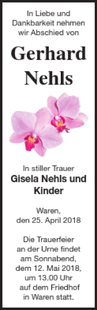 Traueranzeige von Gerhard Nehls von Müritz-Zeitung