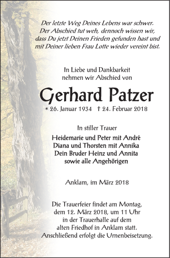 Traueranzeige von Gerhard Patzer von Vorpommern Kurier