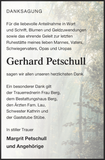 Traueranzeige von Gerhard Petschull von Mecklenburger Schweiz