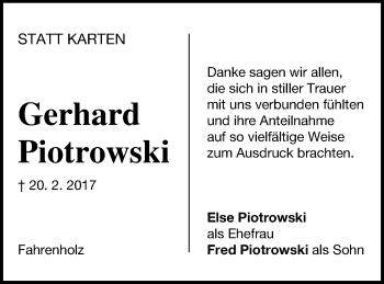 Traueranzeige von Gerhard Piotrowski von Prenzlauer Zeitung