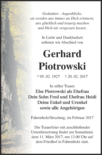 Traueranzeige von Gerhard Piotrowski von Prenzlauer Zeitung