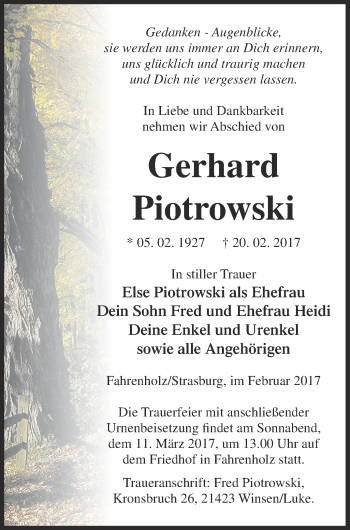 Traueranzeige von Gerhard Piotrowski von Prenzlauer Zeitung