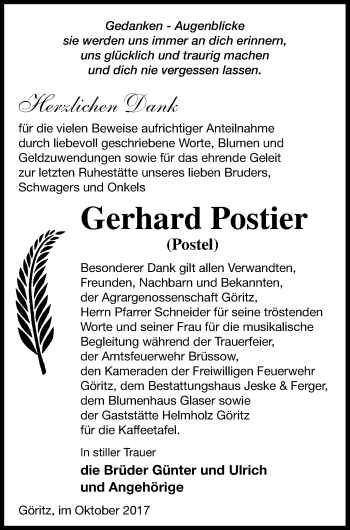 Traueranzeige von Gerhard Postier von Prenzlauer Zeitung