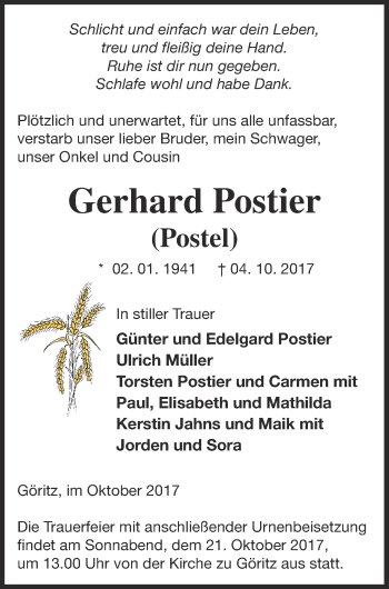 Traueranzeige von Gerhard Postier von Prenzlauer Zeitung