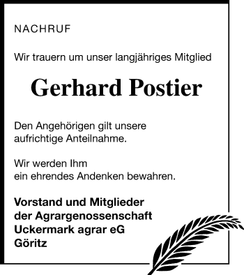 Traueranzeige von Gerhard Postier von Prenzlauer Zeitung