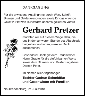 Traueranzeige von Gerhard Pretzer von Neubrandenburger Zeitung