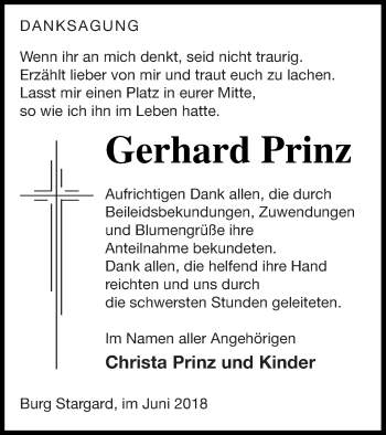 Traueranzeige von Gerhard Prinz von Neubrandenburger Zeitung
