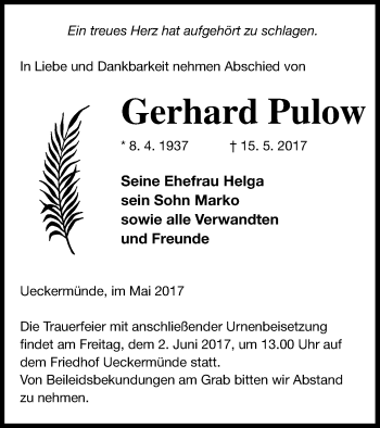 Traueranzeige von Gerhard Pulow von Haff-Zeitung