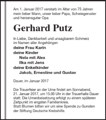 Traueranzeige von Gerhard Putz von Prenzlauer Zeitung