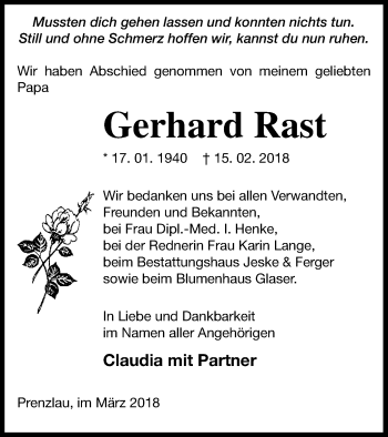 Traueranzeige von Gerhard Rast von Prenzlauer Zeitung