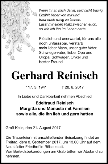 Traueranzeige von Gerhard Reinisch von Müritz-Zeitung