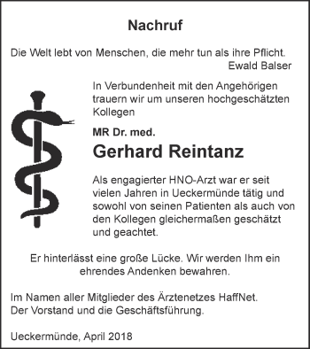 Traueranzeige von Gerhard Reintanz von Haff-Zeitung