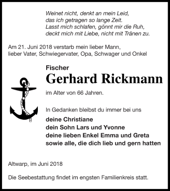 Traueranzeige von Gerhard Rickmann von Haff-Zeitung