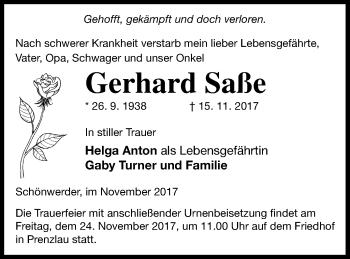 Traueranzeige von Gerhard Saße von Prenzlauer Zeitung