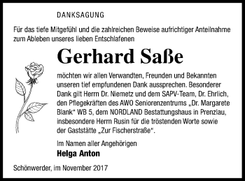 Traueranzeige von Gerhard Saße von Prenzlauer Zeitung