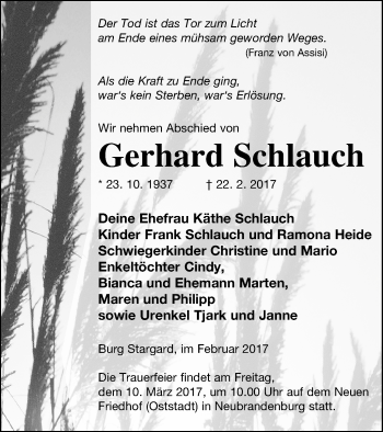 Traueranzeige von Gerhard Schlauch von Neubrandenburger Zeitung