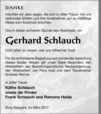Traueranzeige von Gerhard Schlauch von Neubrandenburger Zeitung