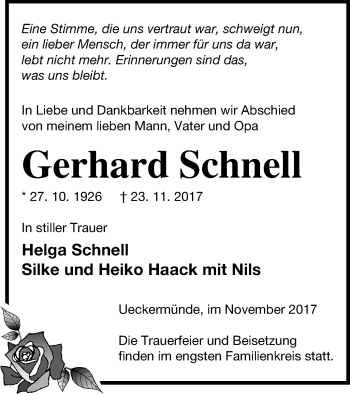 Traueranzeige von Gerhard Schnell von Haff-Zeitung
