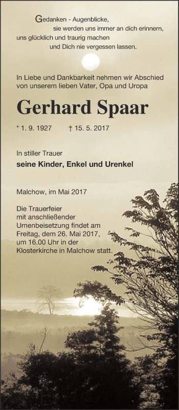 Traueranzeige von Gerhard Spaar von Müritz-Zeitung