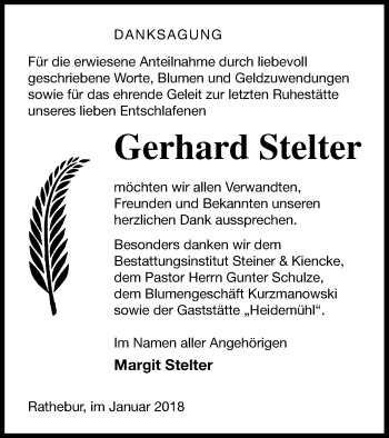 Traueranzeige von Gerhard Stelter von Vorpommern Kurier