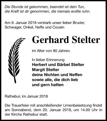 Traueranzeige von Gerhard Stelter von Vorpommern Kurier