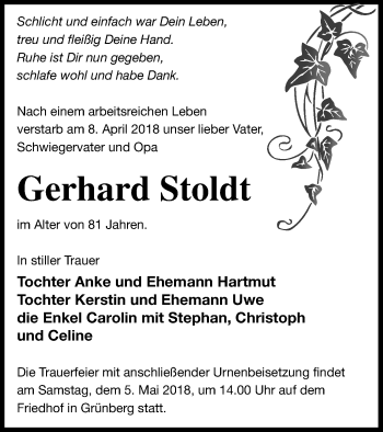 Traueranzeige von Gerhard Stoldt von Prenzlauer Zeitung