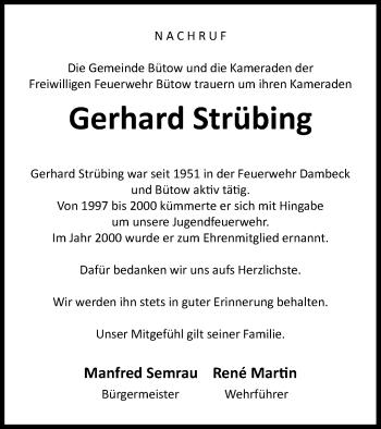 Traueranzeige von Gerhard Strübing von Müritz-Zeitung