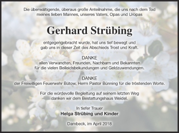 Traueranzeige von Gerhard Strübing von Müritz-Zeitung