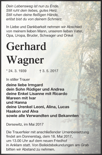 Traueranzeige von Gerhard Wagner von Vorpommern Kurier