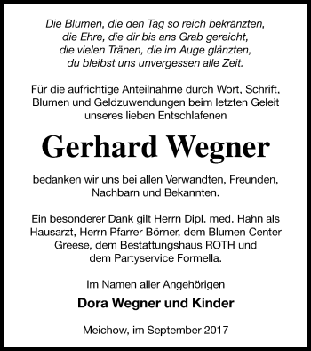 Traueranzeige von Gerhard Wegner von Prenzlauer Zeitung