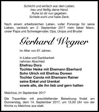 Traueranzeige von Gerhard Wegner von Prenzlauer Zeitung