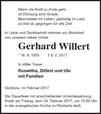 Traueranzeige von Gerhard Willert von Neubrandenburger Zeitung