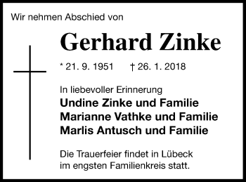 Traueranzeige von Gerhard Zinke von Haff-Zeitung