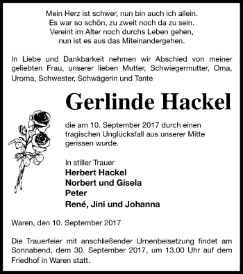 Traueranzeige von Gerlinde Hackel von Müritz-Zeitung