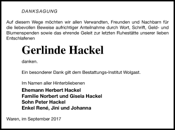 Traueranzeige von Gerlinde Hackel von Müritz-Zeitung