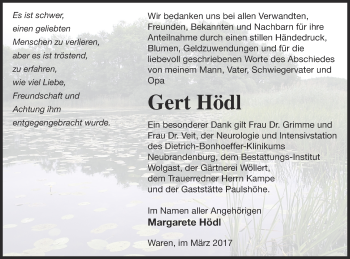 Traueranzeige von Gert Hödl von Müritz-Zeitung