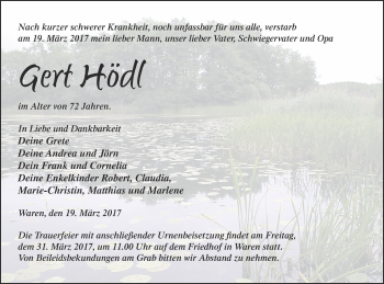 Traueranzeige von Gert Hödl von Müritz-Zeitung
