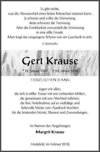 Traueranzeige von Gert Krause von Pasewalker Zeitung