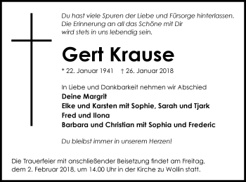 Traueranzeige von Gert Krause von Pasewalker Zeitung