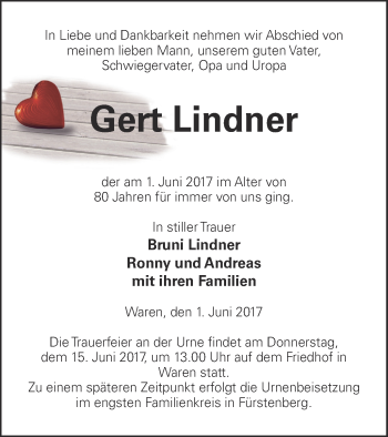 Traueranzeige von Gert Lindner von Müritz-Zeitung