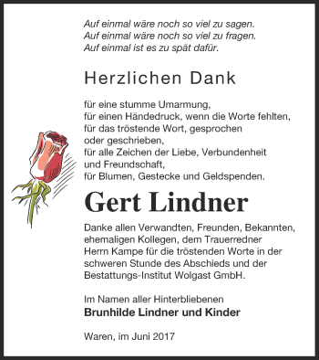 Traueranzeige von Gert Lindner von Müritz-Zeitung