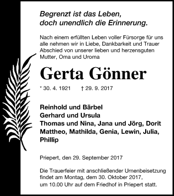 Traueranzeige von Gerta Gönner von Strelitzer Zeitung