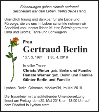 Traueranzeige von Gertraud Berlin von Templiner Zeitung