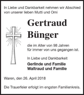 Traueranzeige von Gertraud Bünger von Müritz-Zeitung