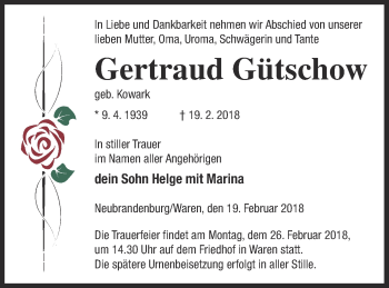 Traueranzeige von Gertraud Gütschow von Müritz-Zeitung