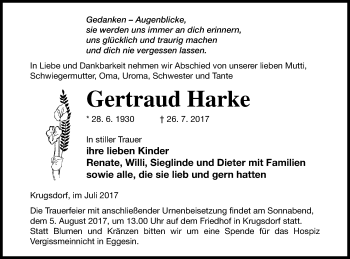 Traueranzeige von Gertraud Harke von Pasewalker Zeitung