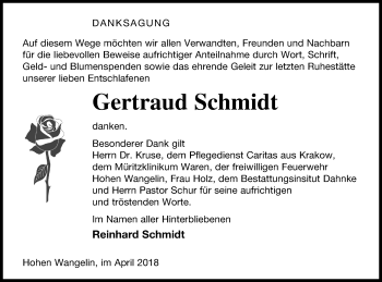 Traueranzeige von Gertraud Schmidt von Müritz-Zeitung