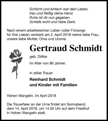 Traueranzeige von Gertraud Schmidt von Müritz-Zeitung